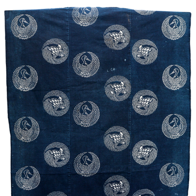 Meiji Period Japanese Indigo Katazome Cotton Fabric Crane Turtle BRKW17812