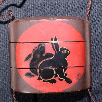 Japanese Antique Wooden Inro Rabbit design Red lacquer INR100