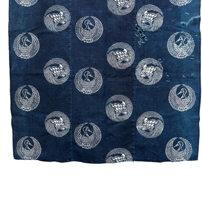 Meiji Period Japanese Indigo Katazome Cotton Fabric Crane Turtle BRKW17811