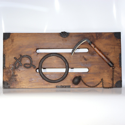 Japanese Antique Wood Kanban Shop Sign Kamawanu Sickle Ring Nu Rebus 72.5cm0