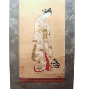 Edo Antique Paper Hanging Scroll Bijinga Hand Painted Woman Cat ASO4480