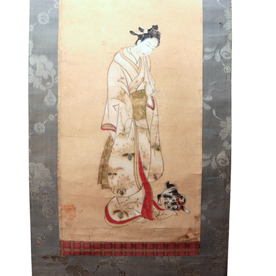 Edo Antique Paper Hanging Scroll Bijinga Hand Painted Woman Cat ASO4480