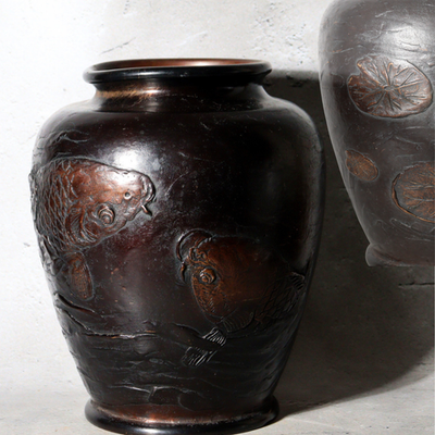 Antique Japanese Takaoka Bronze Vase Hozan Twin Koi Lotus Pond BV774-20