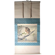 Vintage Japanese Silk Hanging Scroll Painting Chikutei Owl Akebia2