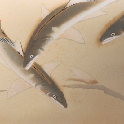 Japanese Silk Hanging Scroll Painting Ayu Sweetfish Seiko Tanoguchi Tomobako7