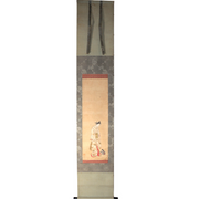 Edo Antique Paper Hanging Scroll Bijinga Hand Painted Woman Cat ASO4483