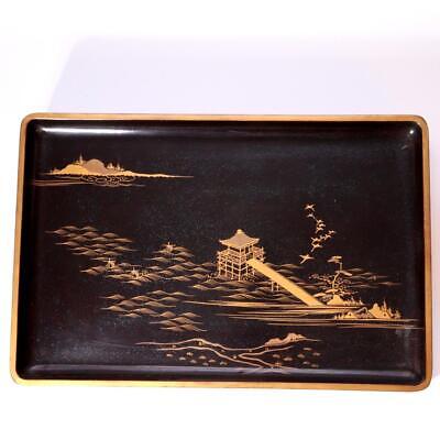 Antique Japanese wooden Lacquer Tray gold makie Landscape painting sado WT09