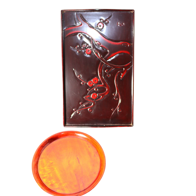 Japanese Lacquer Tray Set 2pc Tsuishu Carved Plum Rectangular Round WO5497