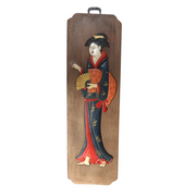 Japanese Antique Wooden Relief Panel — Geisha / Oiran Beauty with Fan Kanban2