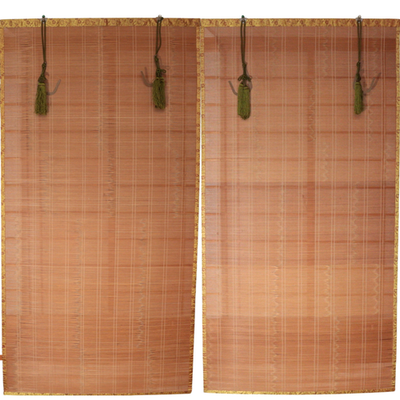 Vintage Japanese Bamboo Misu Sudare Blinds 2pc Set Floral Brocade Tassels0