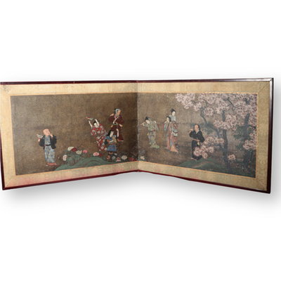 Vintage Japanese Byobu 2 Panel Room Divider Painted Figures Floral0