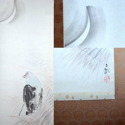 Japanese Antique Kakemono Hanging Scroll Hakuzosu White Fox Monk Paper Boxed1