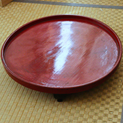 Large Japanese Lacquer Footed Tray - Tripod Base - Aizu-Style Red Lacquer 42.3cm0