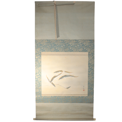 Japanese Silk Hanging Scroll Painting Ayu Sweetfish Seiko Tanoguchi Tomobako5