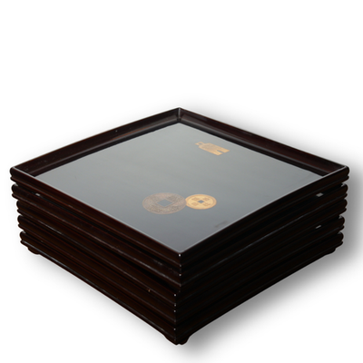 Set of 5 Japanese Lacquer Trays Ancient Coin Motif 35cm Urushibon WO5790