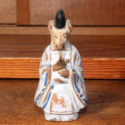 Japanese Antique Clay Doll Fox Inari Kannush Figure Kitsune Shinto Akasaka PO39