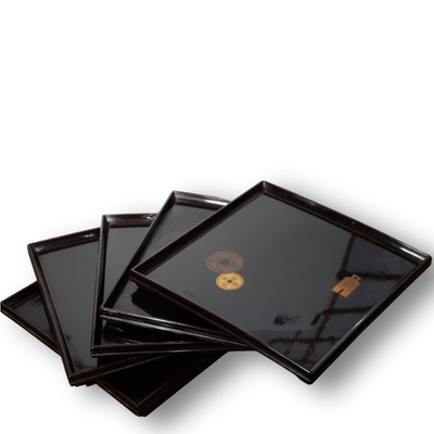 Set of 5 Japanese Lacquer Trays Ancient Coin Motif 35cm Urushibon WO5791