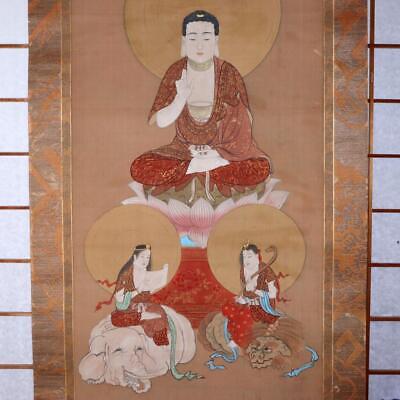 Japanese Kakejiku hanging scroll Buddhist art Nyorai Fugen Monju Bosatsu ASO336