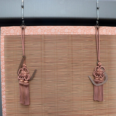 Vintage Japanese Bamboo Sudare Blinds Set of 2 Fabric Border Tassels VG4267