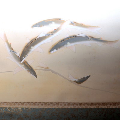 Japanese Silk Hanging Scroll Painting Ayu Sweetfish Seiko Tanoguchi Tomobako6