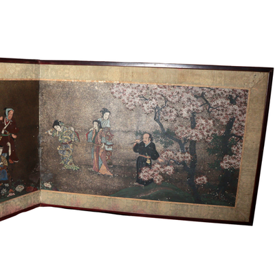 Vintage Japanese Byobu 2 Panel Room Divider Painted Figures Floral14