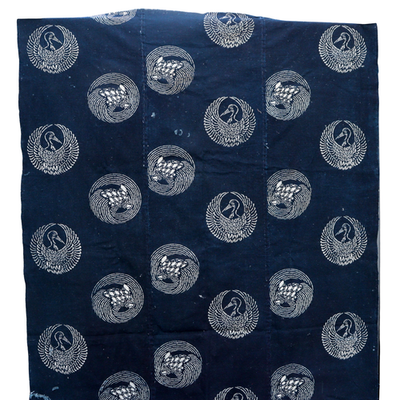 Meiji Period Japanese Indigo Katazome Cotton Fabric Crane Turtle BRKW17810