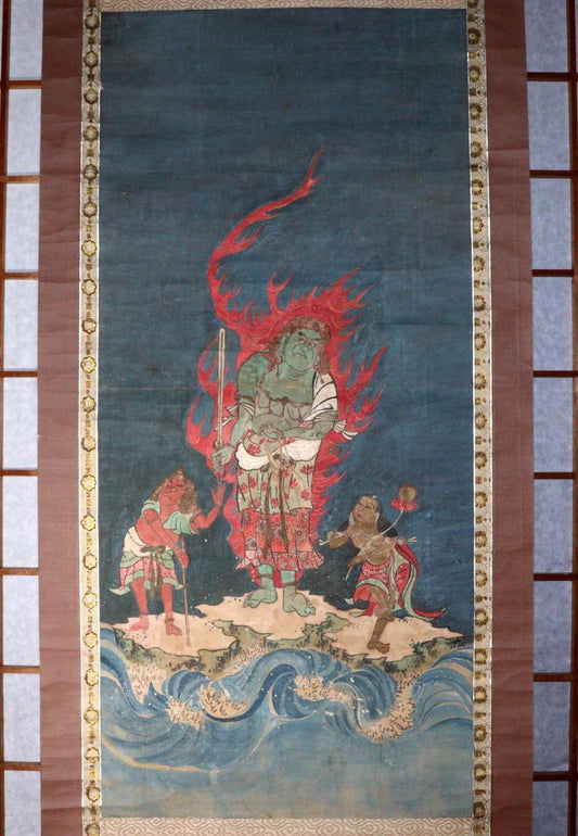 Japanese Kakejiku hanging scroll Buddhist art Ao Fudo Myo-o w / box ASO326