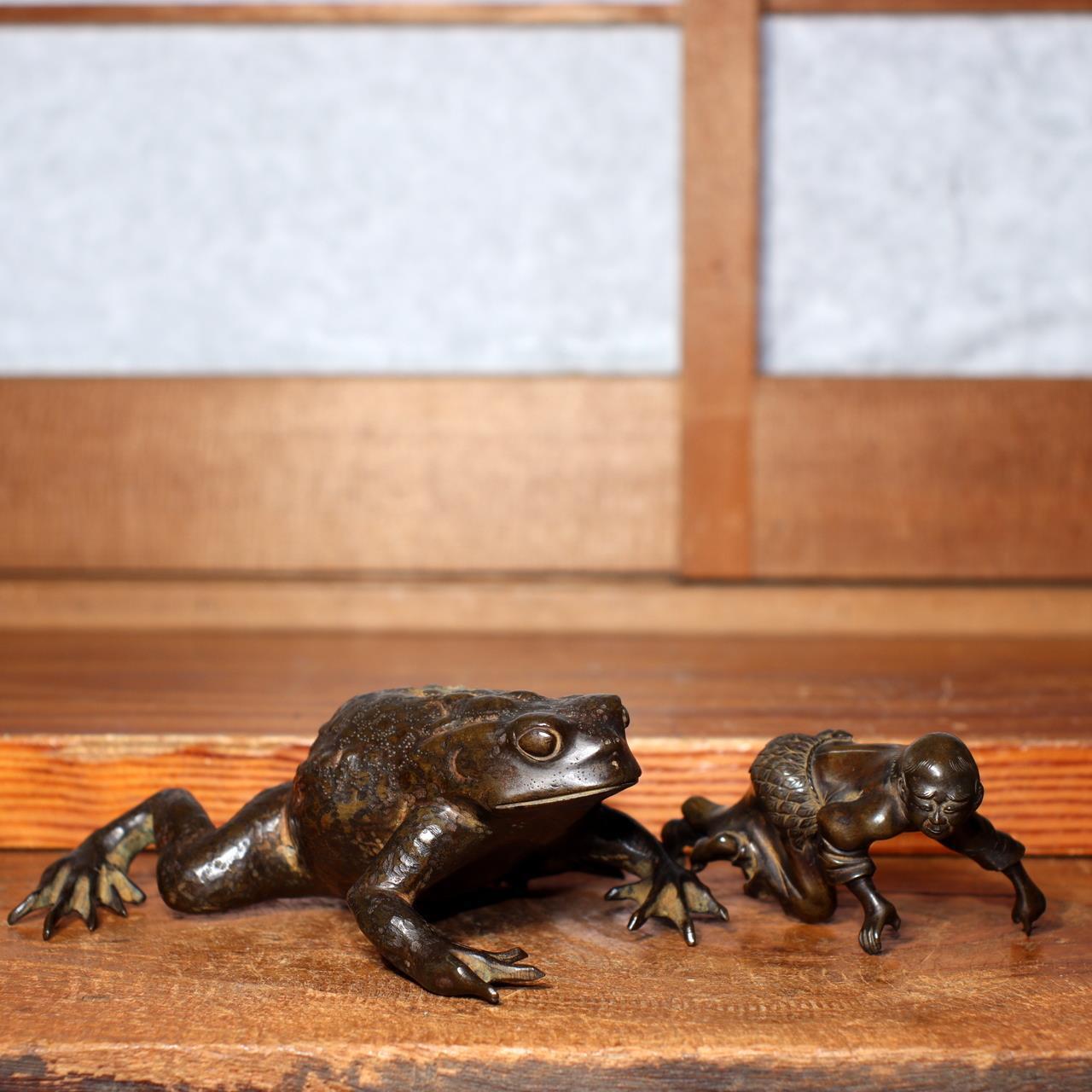 Antique Bronze Frog Gama sennin Nagoshi Family Ornament Japanese Toko-oki BOS819