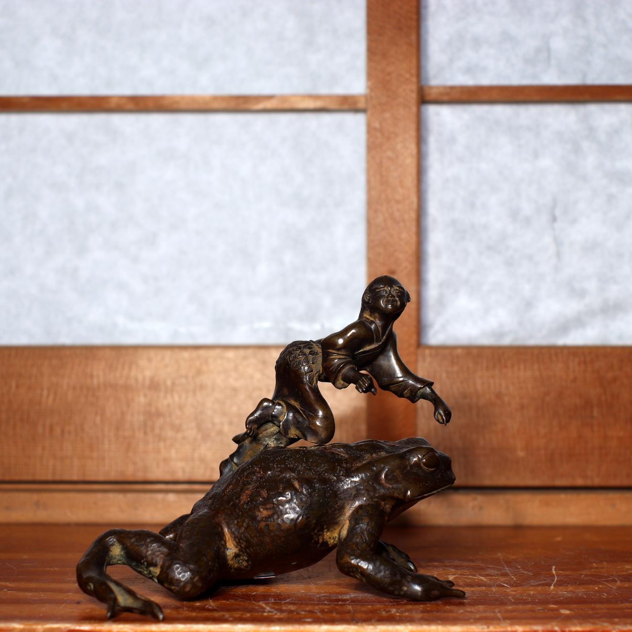 Antique Bronze Frog Gama sennin Nagoshi Family Ornament Japanese Toko-oki BOS819