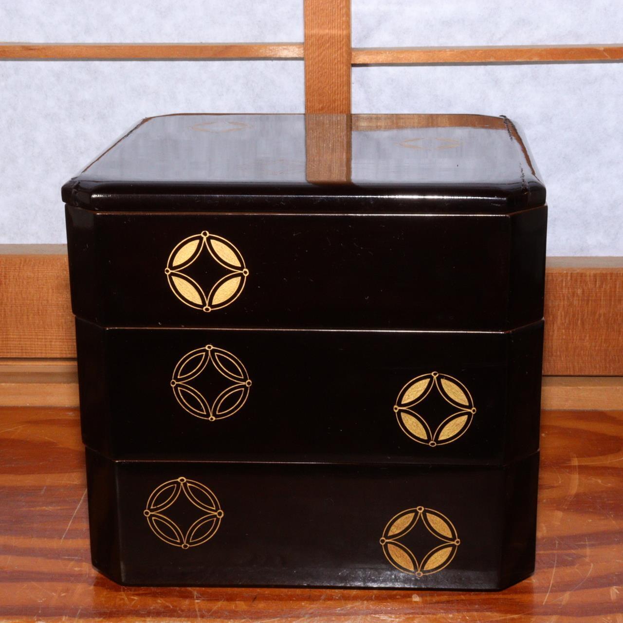 Japanese Antique Wajima nuri wooden Jubako Black gold Shippo makie lacquer box