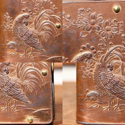 Japanese Antique Brass Match case Safe Holder Chicken fiower Meiji period VG301