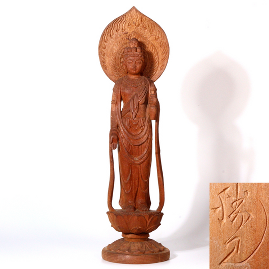 Japanese Antique wooden Kannon Bodhisattva buddha statue signed WB181