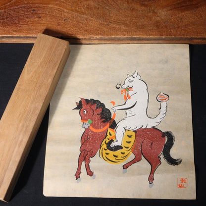 Fox Horse Otsu-e woodblock Emakimono scroll Japanese picture makuri ASO322