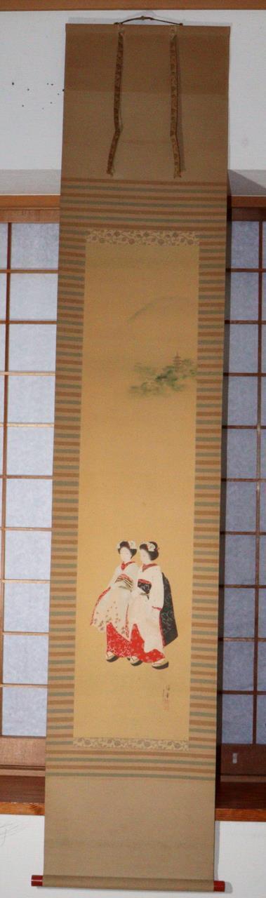 Japanese Kakejiku hanging scroll Maiko Emakimono w / box ASO335