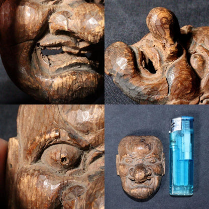 Antique wooden Tengu Mask Netsuke signed Noh Mask Japanese NW260