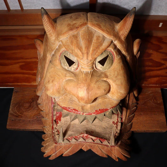 Japanese wooden Oni Demon Big Mask Kyogen Kagura Noh Mask signed MSK482