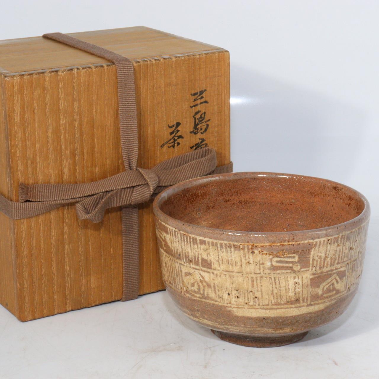 Japanese Kawatsu Antique Mishima Tea Bowl Inlaid Edo Period w / box KRS102