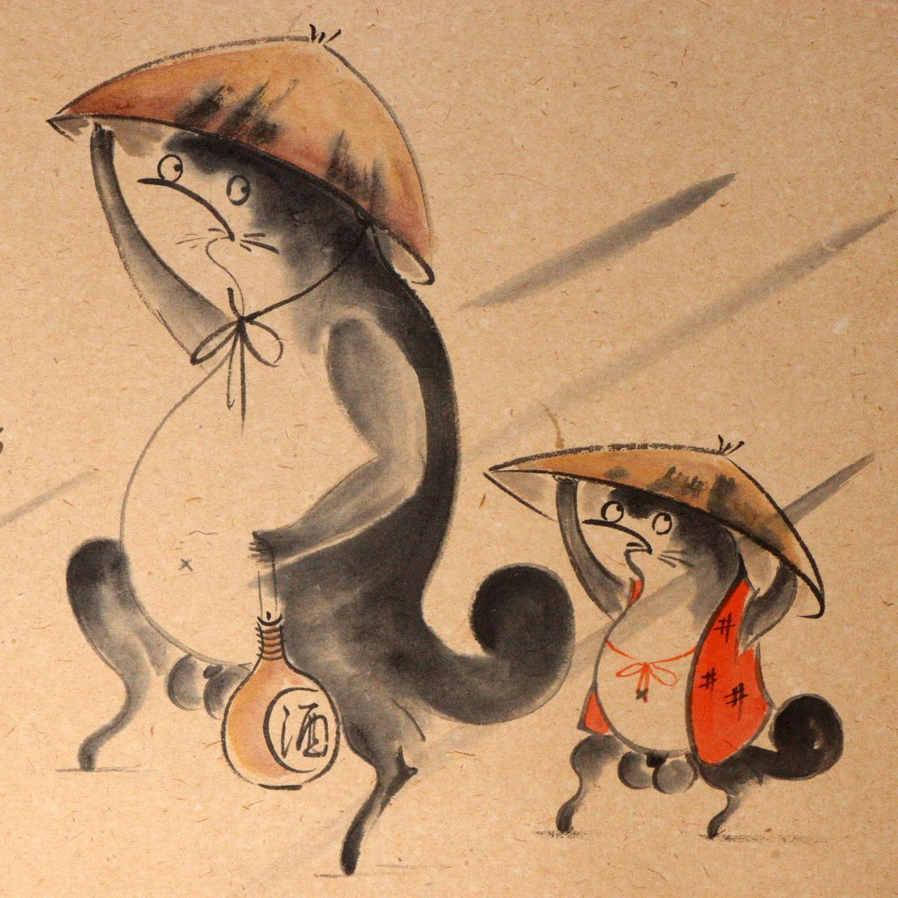 Japanese Kakejiku hanging scroll Tanuki Raccoon Dogs Shouyo Hamada Emakimono