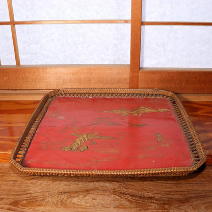 Antique wooden Okinawa Ryukyu Bon Red lacquer Makie square tray Japanese WBX238