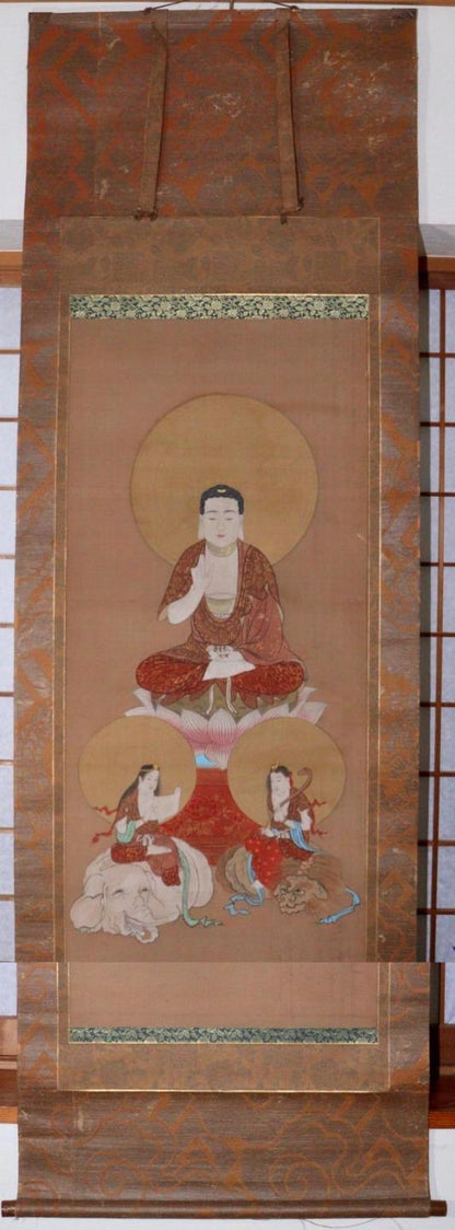 Japanese Kakejiku hanging scroll Buddhist art Nyorai Fugen Monju Bosatsu ASO336