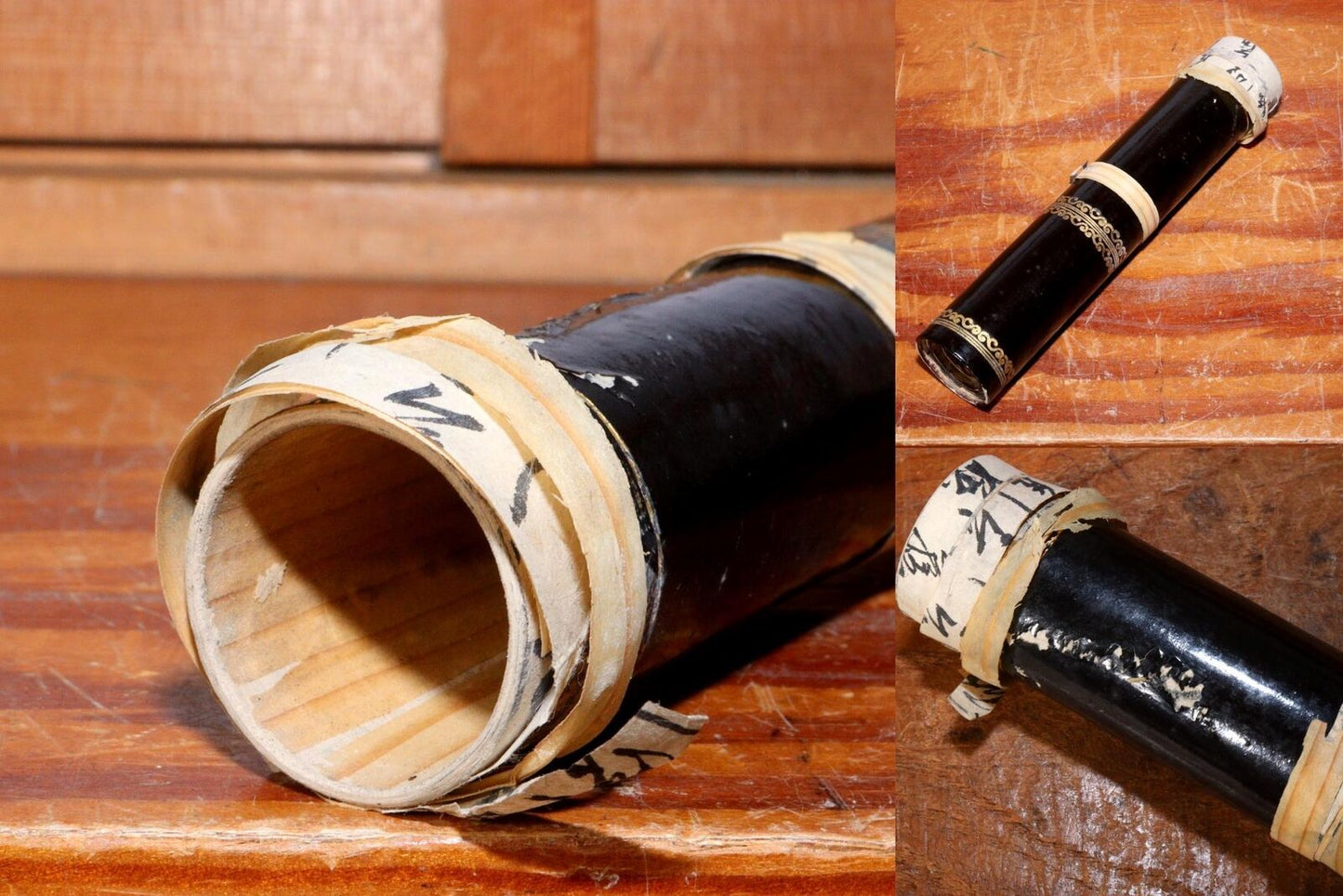 Japanese Antique Black lacquer Telescope Ikkanbari Spyglass Samurai VG340