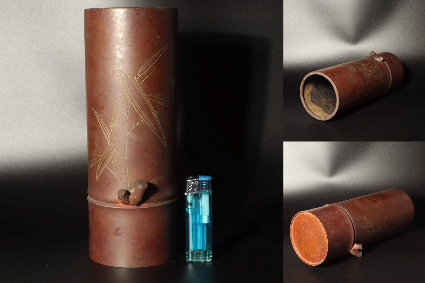 Japanese copper vase Flower Bamboo pattern signed BV450