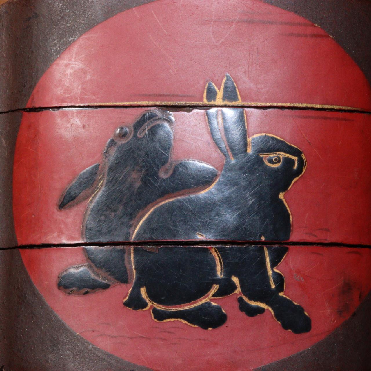 Japanese Antique Wooden Inro Rabbit design Red lacquer INR100