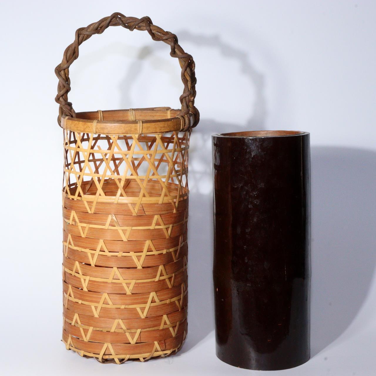 Vintage Japanese Bamboo Ikebana Flower Basket with Removable Vase BVO55