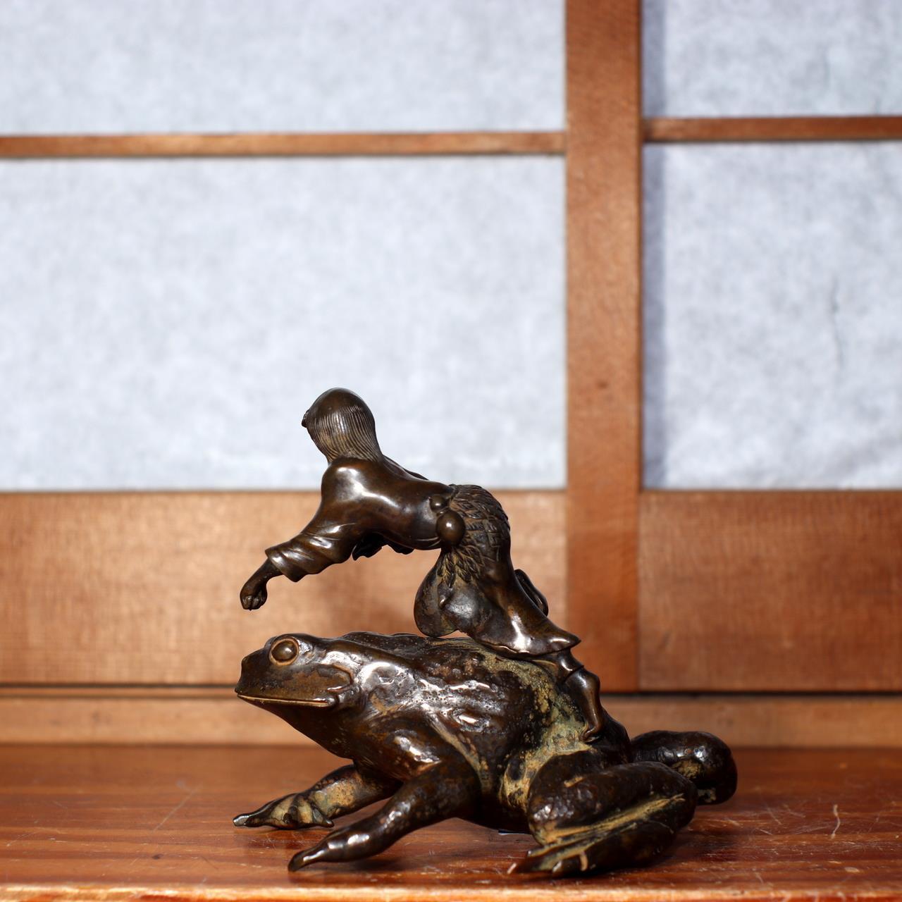 Antique Bronze Frog Gama sennin Nagoshi Family Ornament Japanese Toko-oki BOS819