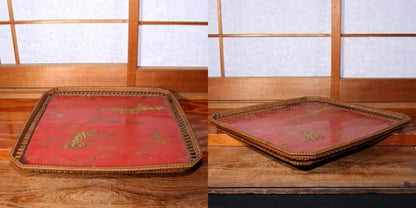 Antique wooden Okinawa Ryukyu Bon Red lacquer Makie square tray Japanese WBX238