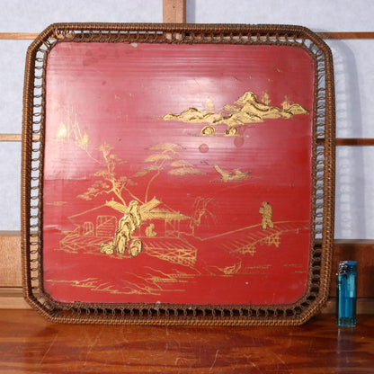 Antique wooden Okinawa Ryukyu Bon Red lacquer Makie square tray Japanese WBX238