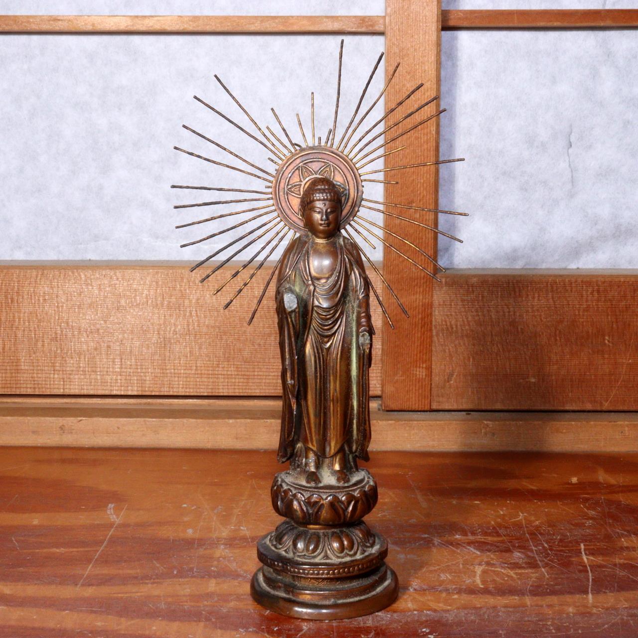 Japanese 4 Antique Bronze Buddhism Buddha statue Amida Nyorai w / box BOS812