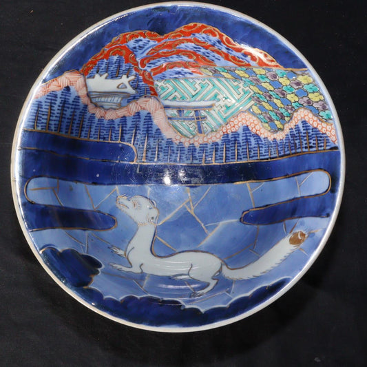 Japanese Antique Imari ware Inari Fox Kitsune plate Shinto pattern w / box IP106