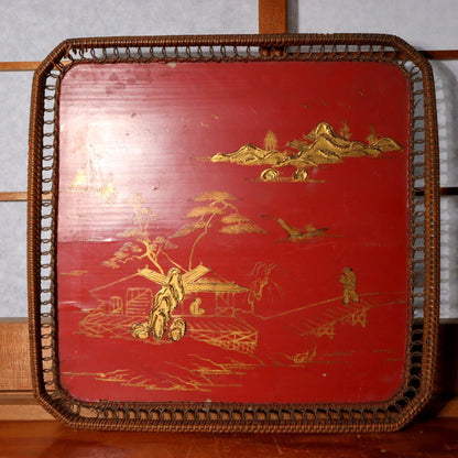 Antique wooden Okinawa Ryukyu Bon Red lacquer Makie square tray Japanese WBX238